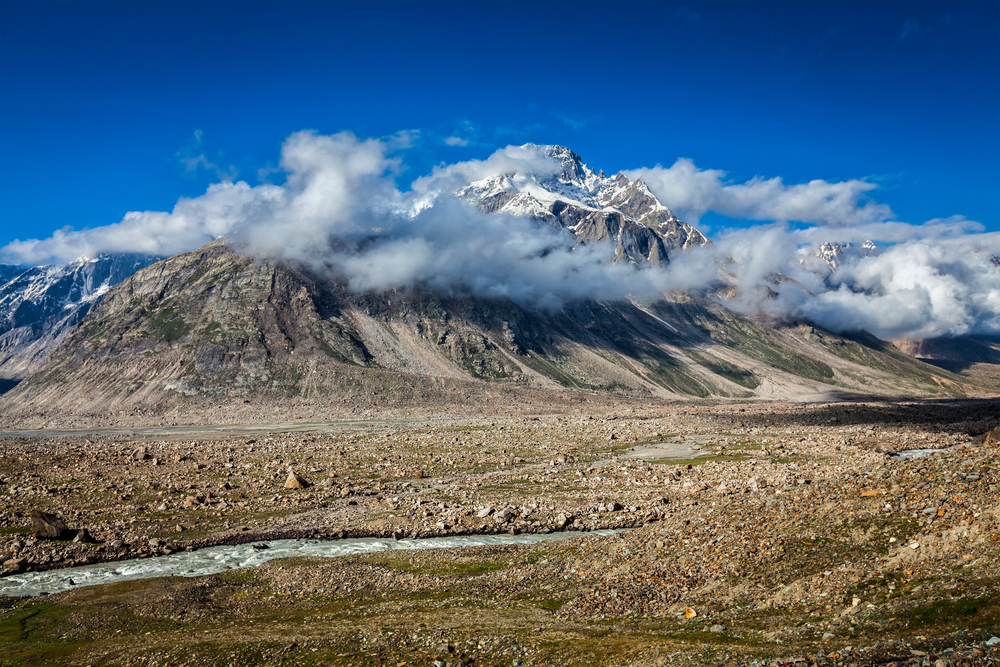 Himalayan landscape in Himalayas mountains. Lahaul Valley, Himachal Pradesh, India. Himalayan landscape, India