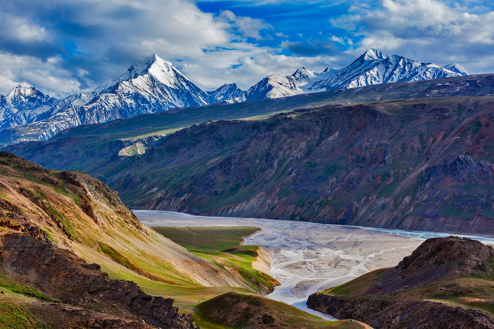 Himalayan landscape near Chandra Tal lake. Spiti Valley, Himachal Pradesh, India. Himalayan landscape in Himalayas, India