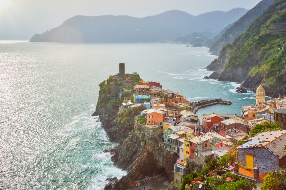 Vernazza village popular tourist destination in Cinque Terre National Park a UNESCO World Heritage Site, Liguria, Italy on sunset view from south. Vernazza village, Cinque Terre, Liguria, Italy