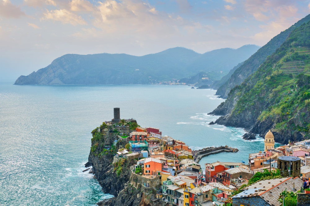 Vernazza village popular tourist destination in Cinque Terre National Park a UNESCO World Heritage Site, Liguria, Italy on sunset view from south. Vernazza village, Cinque Terre, Liguria, Italy