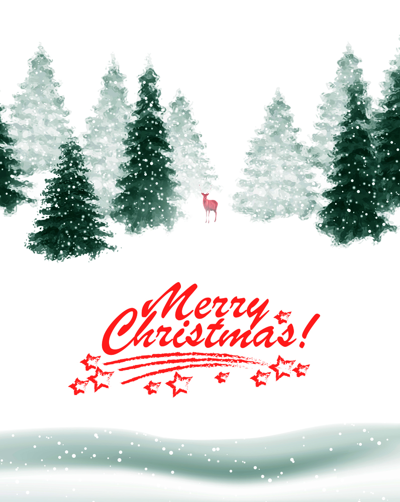 Vector snowy winter landscape with fir forests, deer and holiday wishes