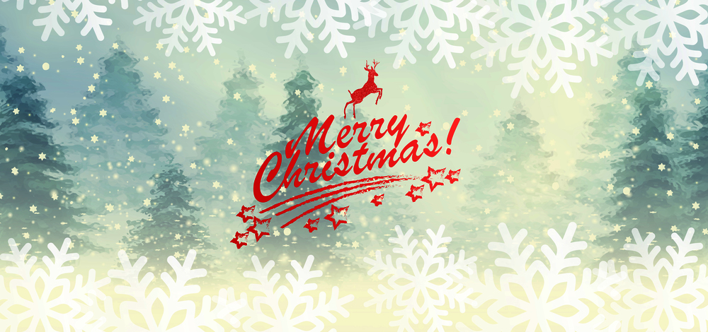 Winter snowy landscape with hand lettering of Merry Christmas and deer