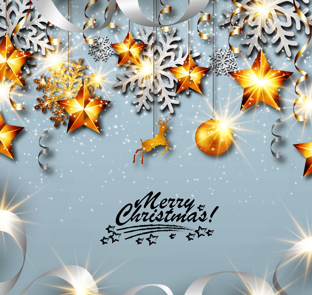 Abstract Merry Christmas greeting card with silver and golden snowflakes, event ball, stars and ribbons