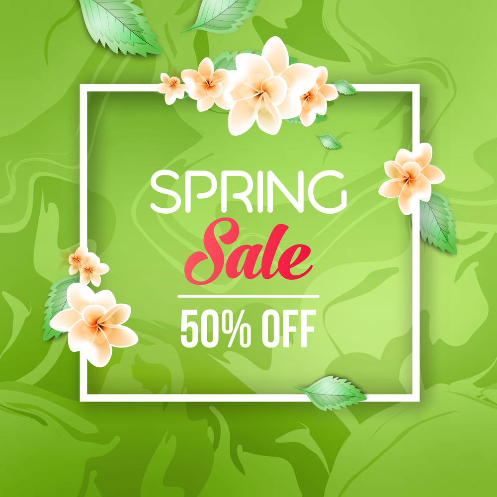 Abstract spring sale offer banner design with frame, beauty background, flowers and leaves