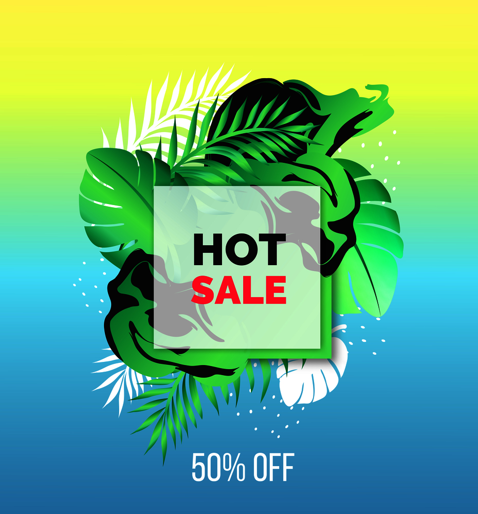 Vector abstract design summer colorful hot banner with tropical leaves 3d frame