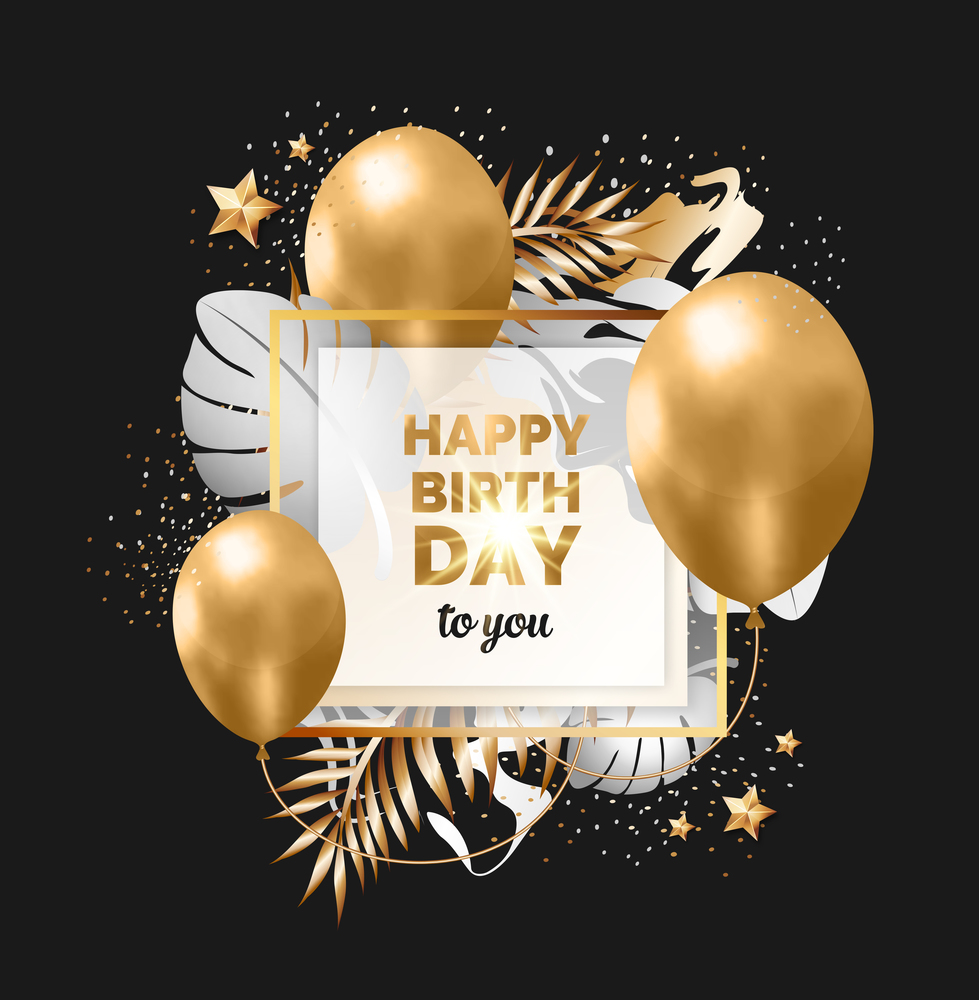 Happy birthday abstract design black and gold frame with tropical leaves, balloons and stars