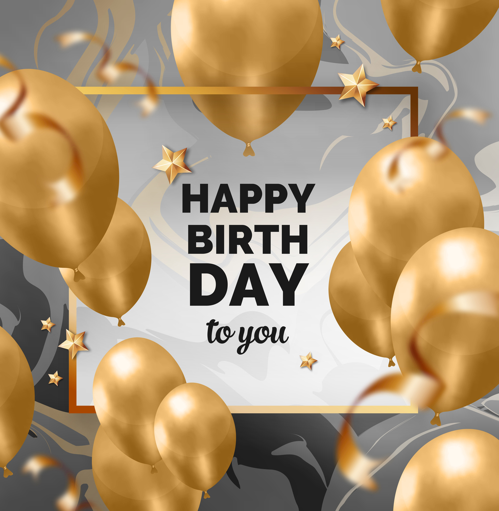 Happy birthday abstract design golden frame with balloons, ribbons, stars