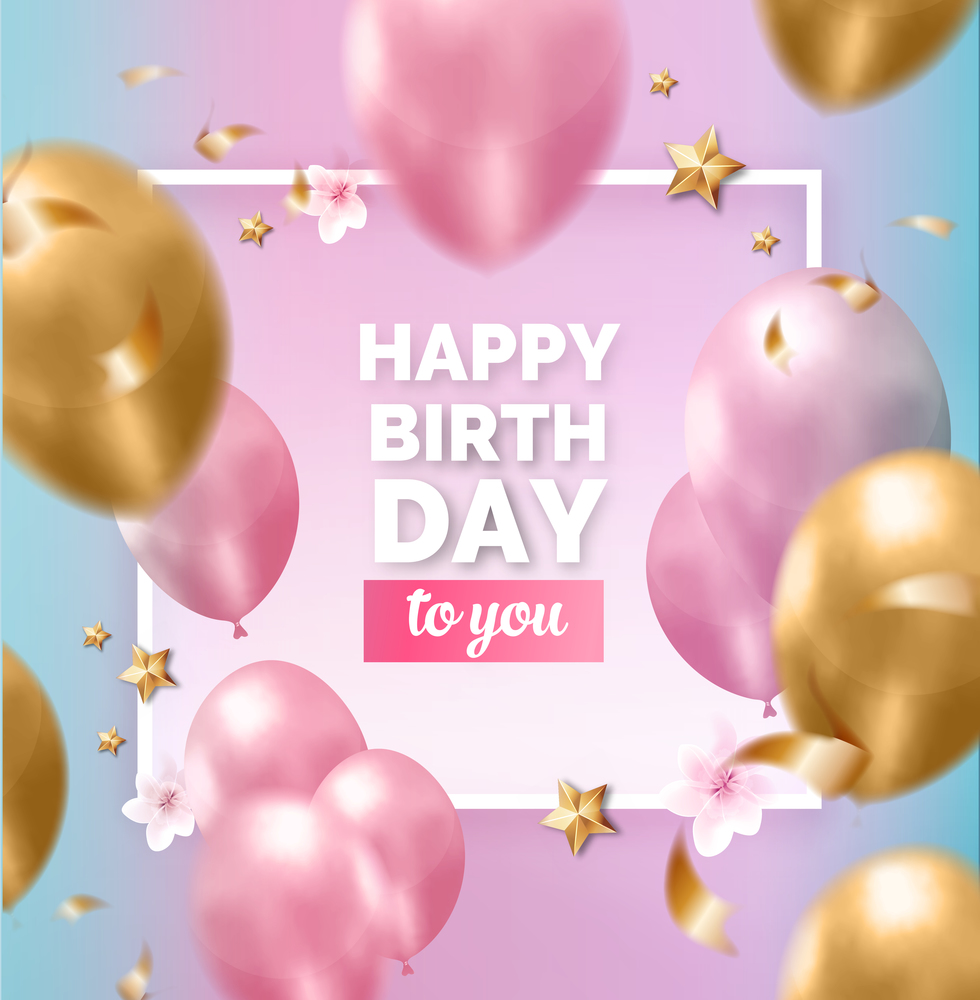 Happy birthday abstract design pink  blue golden frame with balloons, ribbons, flowers, stars