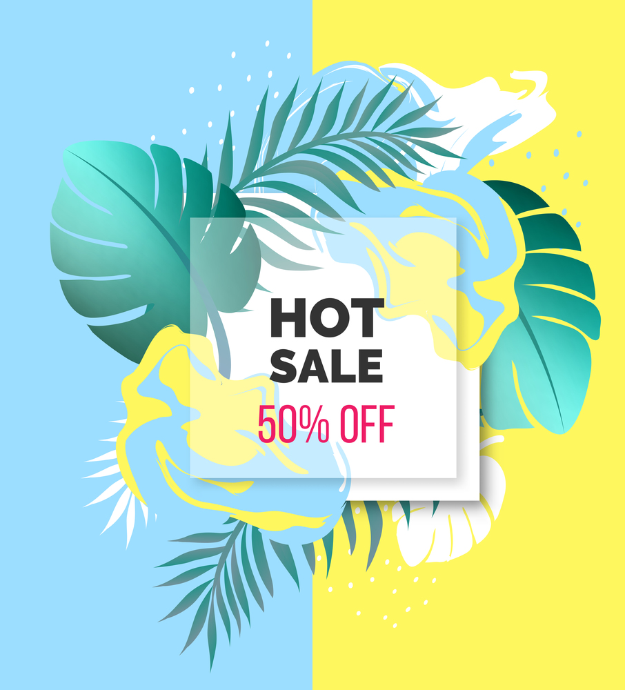 Cute blue and yellow tropical abstract design sale banner tropical leaves and 3d frame