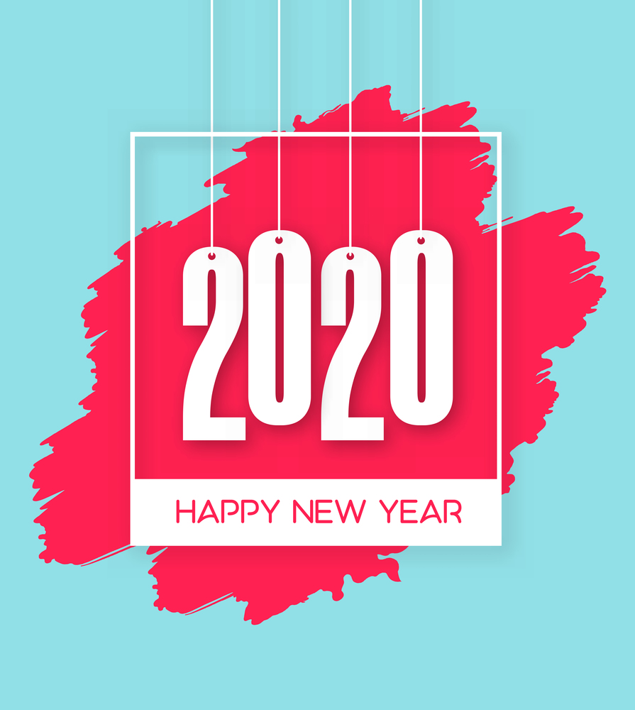 Abstract New Year 2020 banner design with frame, brushstroke and hanging numbers