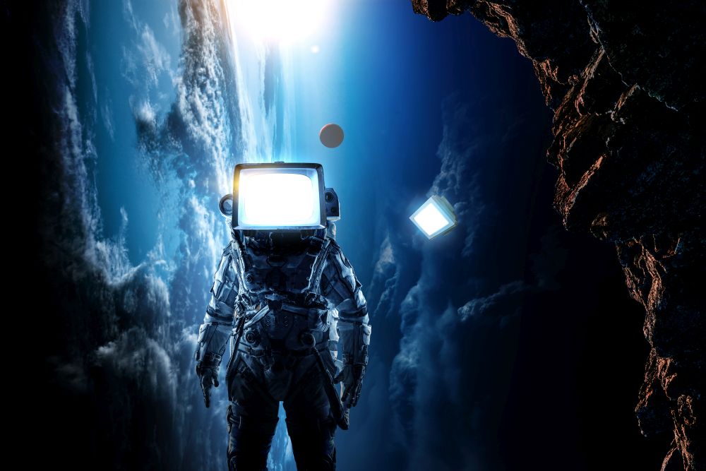 Spaceman with old monitor instead of head. Elements of this image furnished by NASA. Monitor headed astronaut