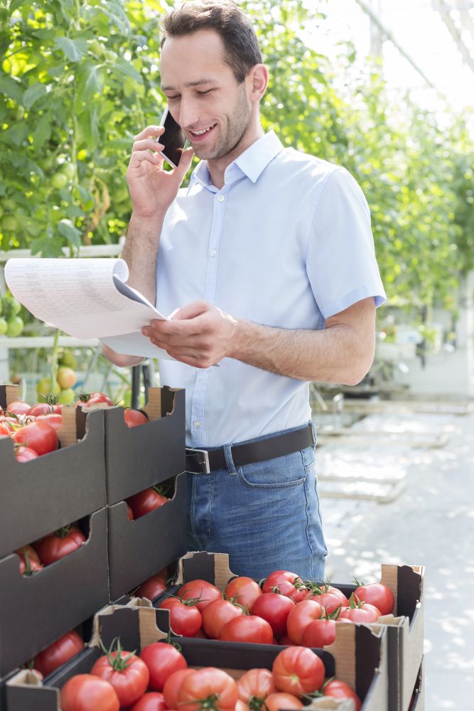 Smiling supervisor talking on smartphone while reading report over tomato crates in greenhouse