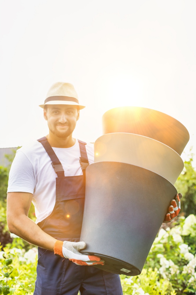 Portrait of mature male gardener carrying pots in shop