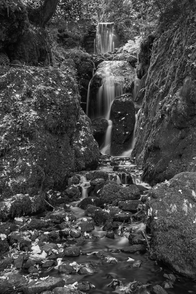Stunning tall waterfall in landscape foliage in early Autumn in black and white