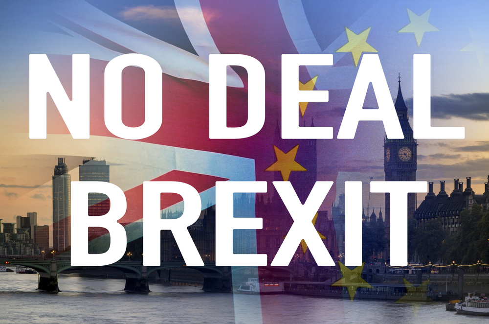 No Deal BREXIT concept image of text over London image and UK and EU flags symbolising destruction of agreement