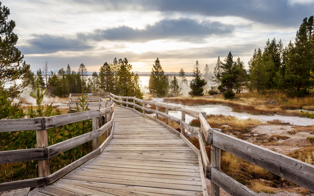 Wooden boardwalks on the geothermal areas of Yellowstone National park, Wyoming, USA