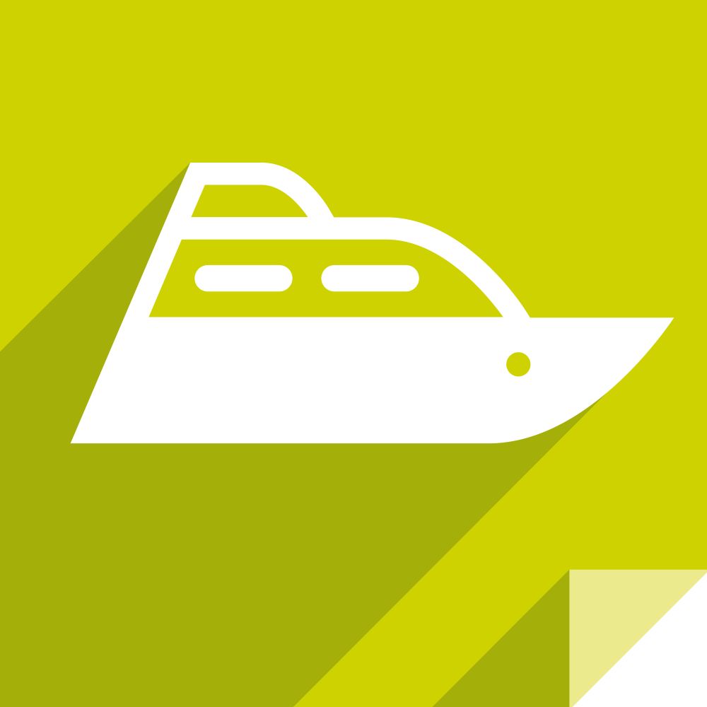 Motorboat, transport flat icon, sticker square shape, modern color. Transport in the water