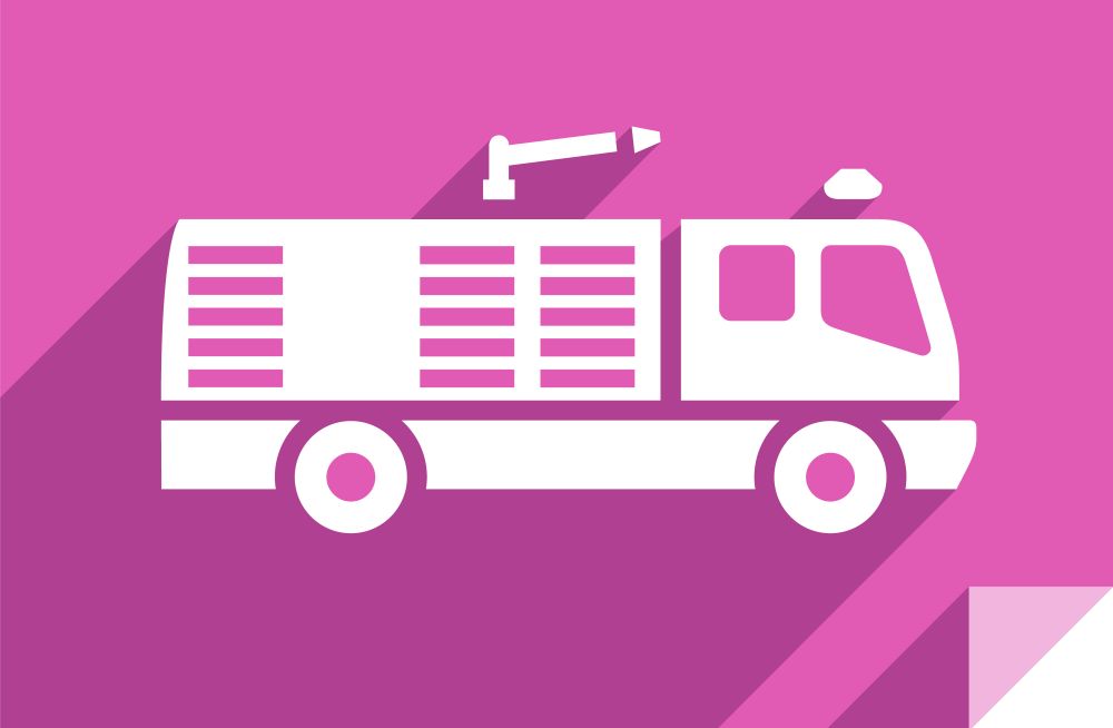 Fire truck, transport flat icon, sticker square shape, modern color. Transport on the road