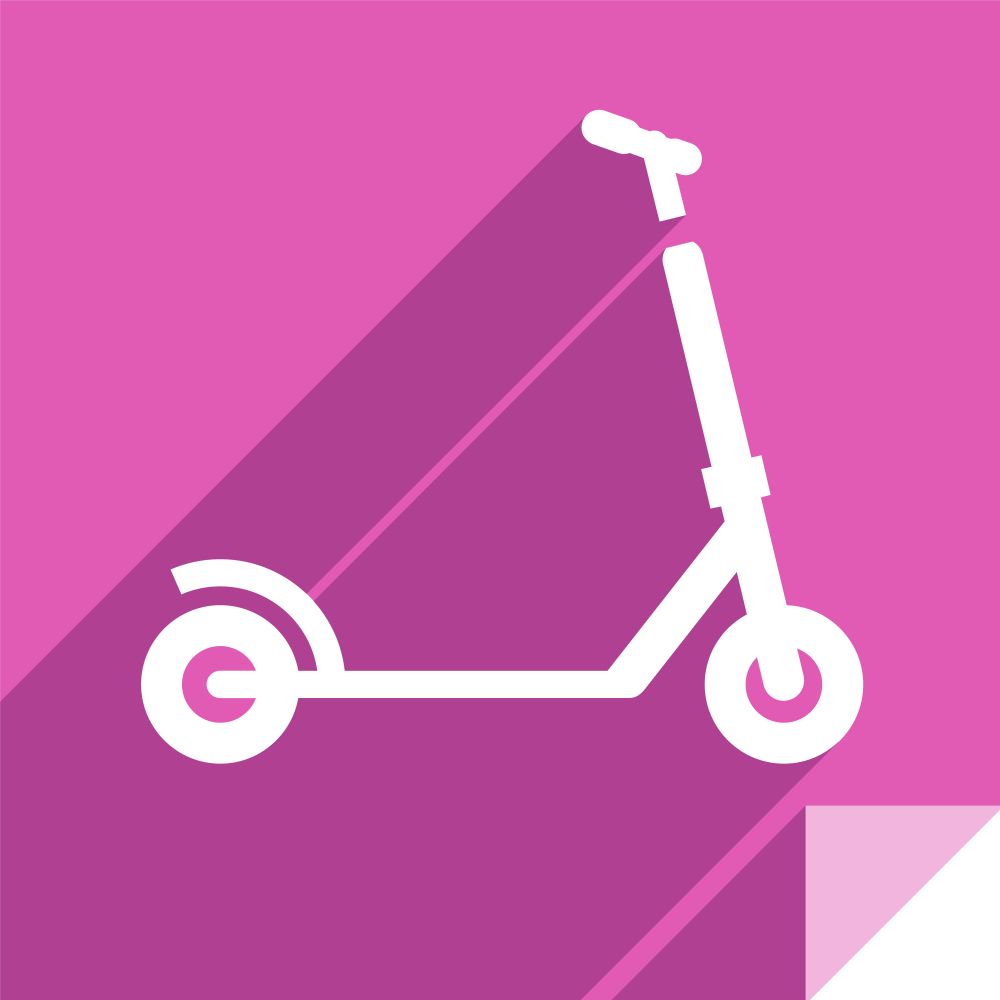 Micro scooter, transport flat icon, sticker square shape, modern color. Transport on the road