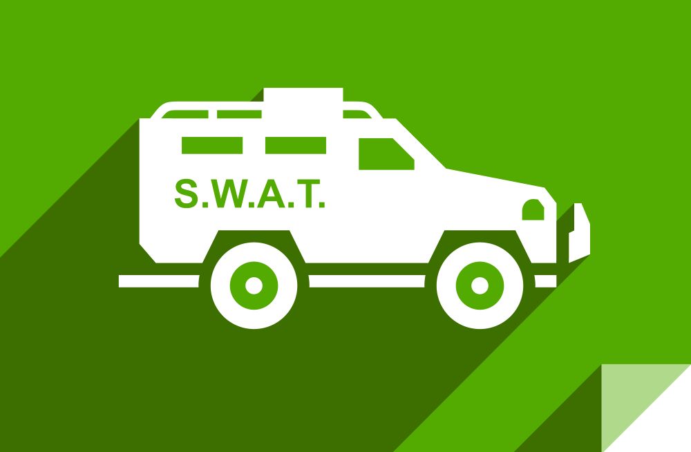 Swat truck, transport flat icon, sticker square shape, modern color. Transport on the road