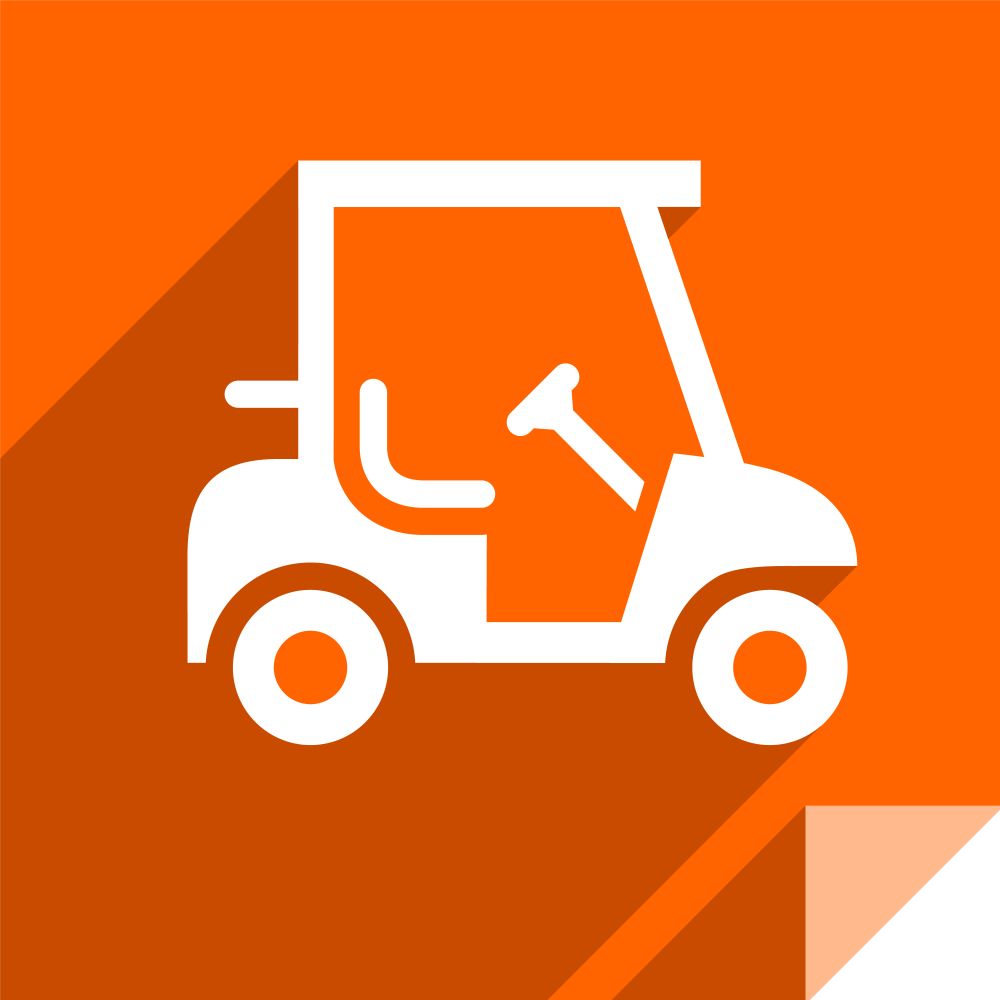 Golf cart, transport flat icon, sticker square shape, modern color. Transport on the road