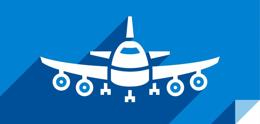 Airliner, transport flat icon, sticker square shape, modern color. Transport in the sky