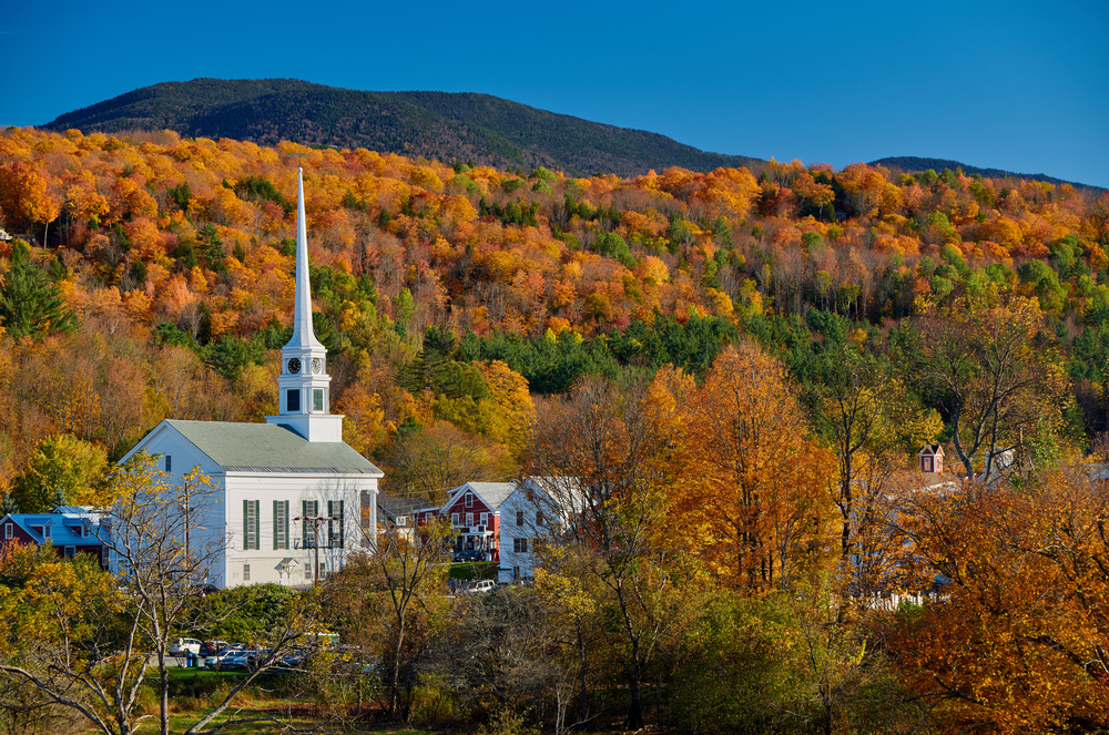 Iconic New England church in Stowe town at autumn in Vermont, USA