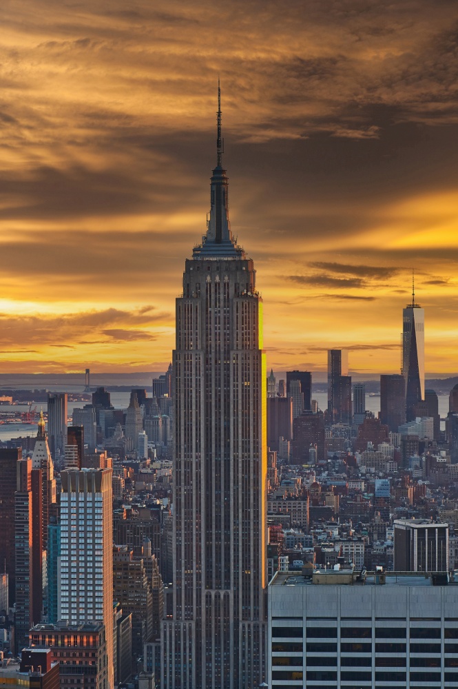 Cityscape view of Manhattan at sunset, New York City, USA