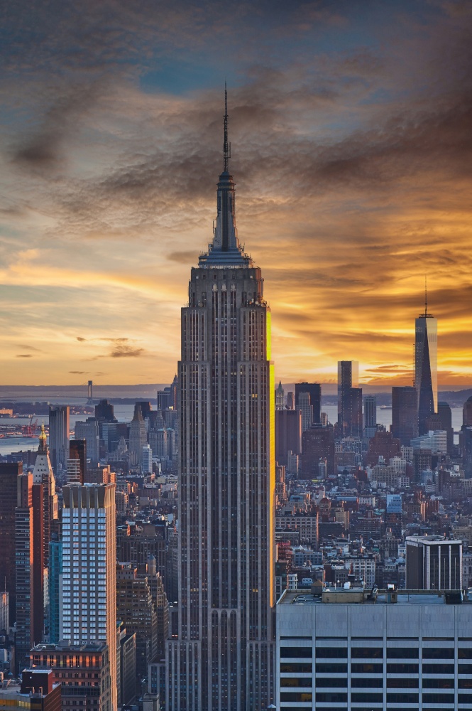 Cityscape view of Manhattan at sunset, New York City, USA