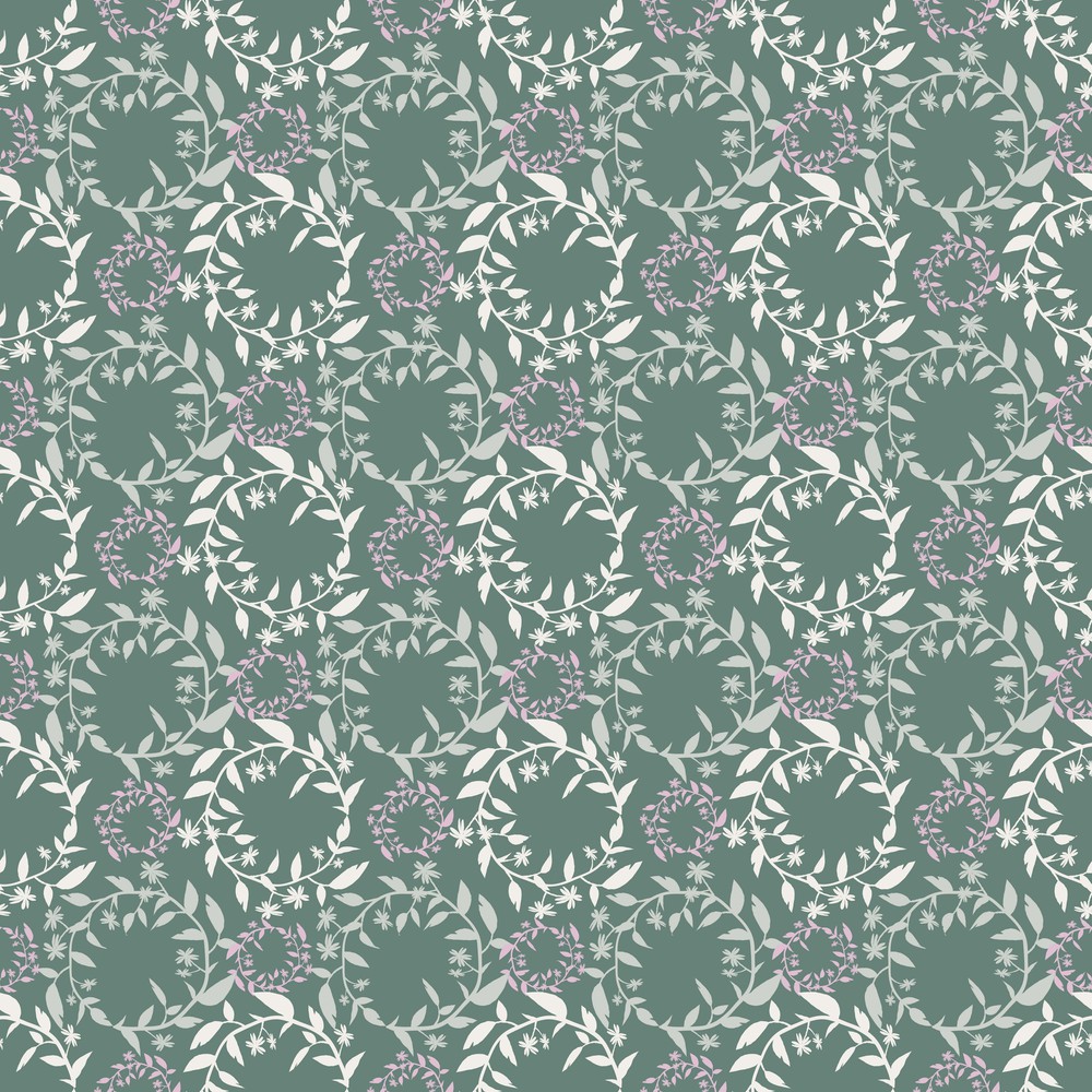 Green seamless pattern with silhouettes of floral wreaths.