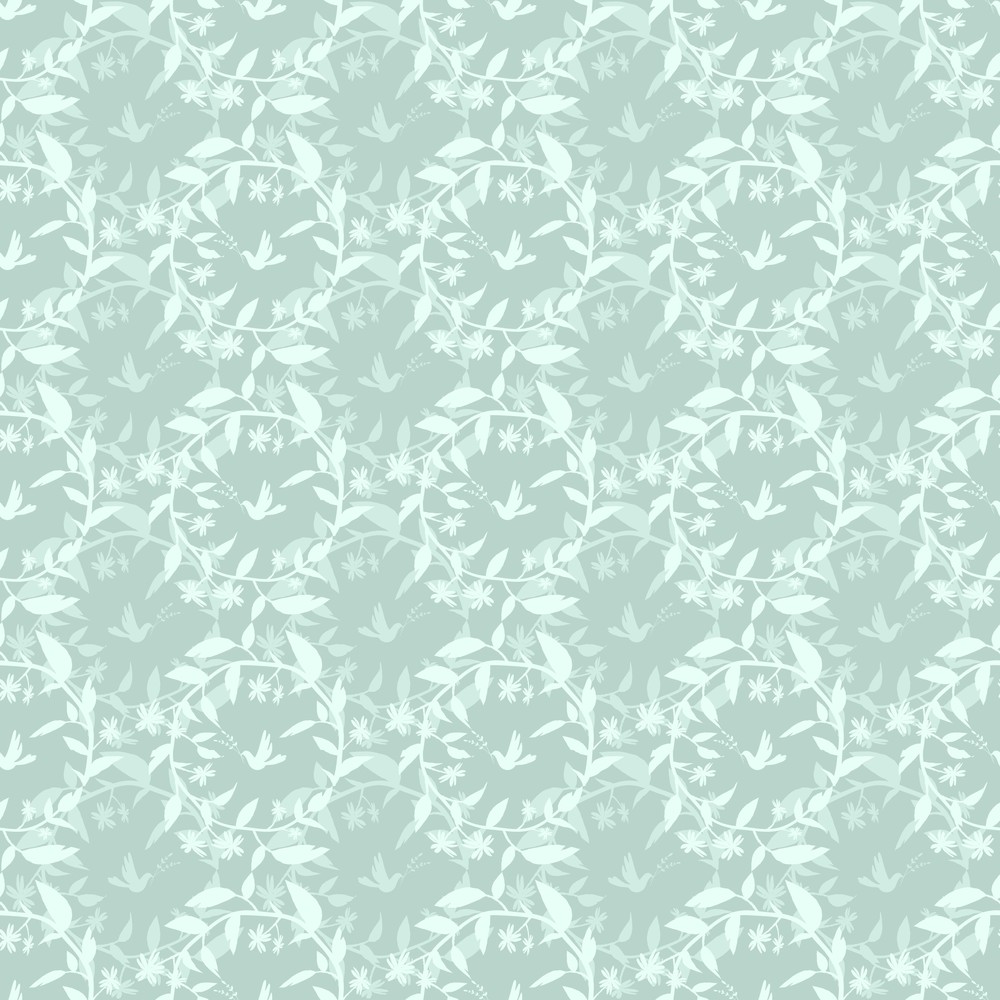 Seamless turquoise pattern with wreaths and birds.