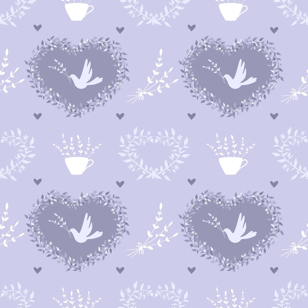Seamless pattern with vintage elements on lilac background.