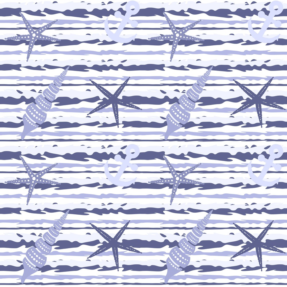 Marine striped seamless pattern with seashells, starfish and anchors