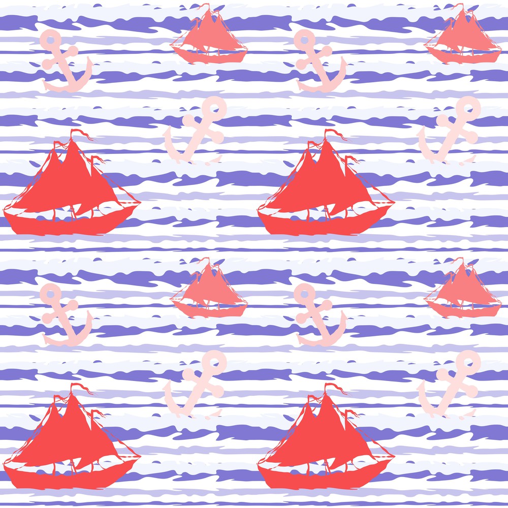 Marine striped seamless pattern with ships and anchors