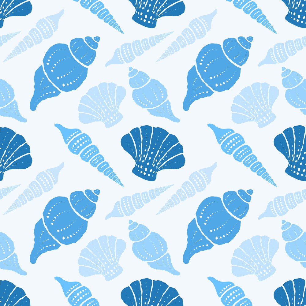 Seamless pattern with seashells on a light background.