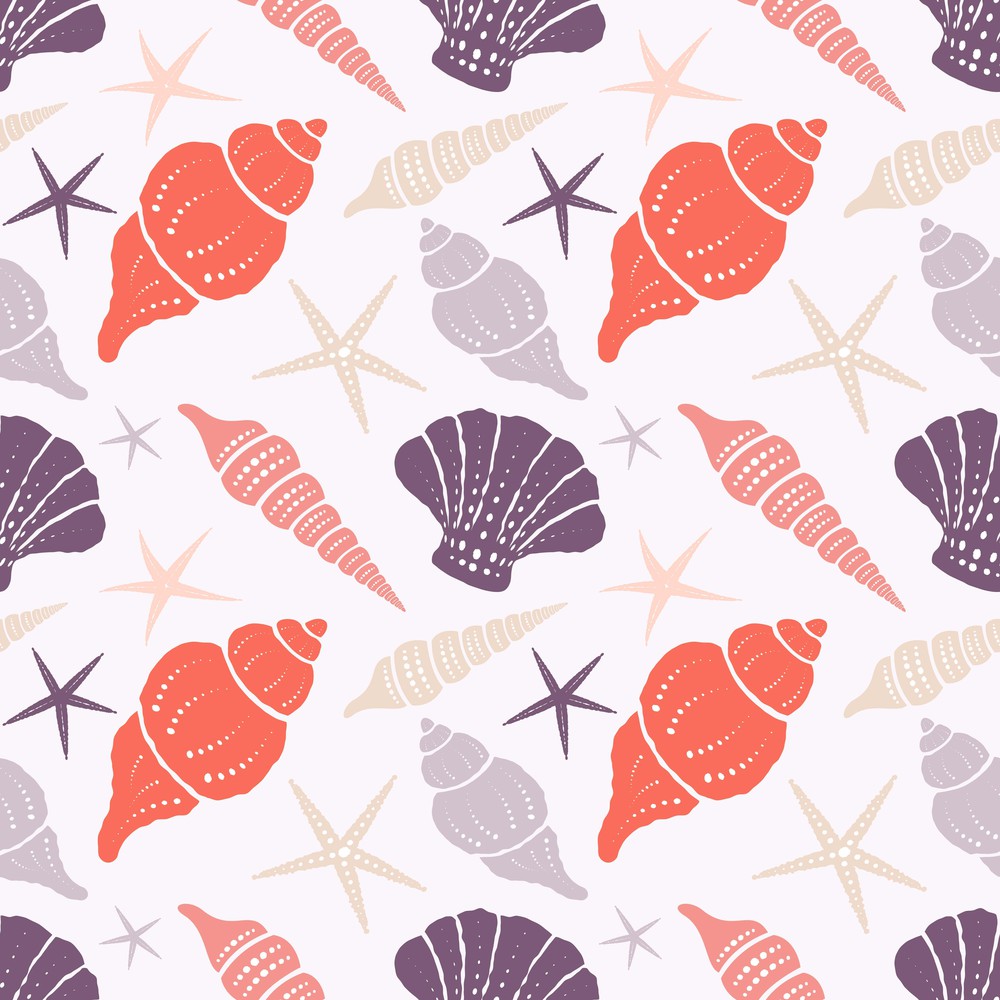 Seamless pattern with seashells and starfish on a light background.
