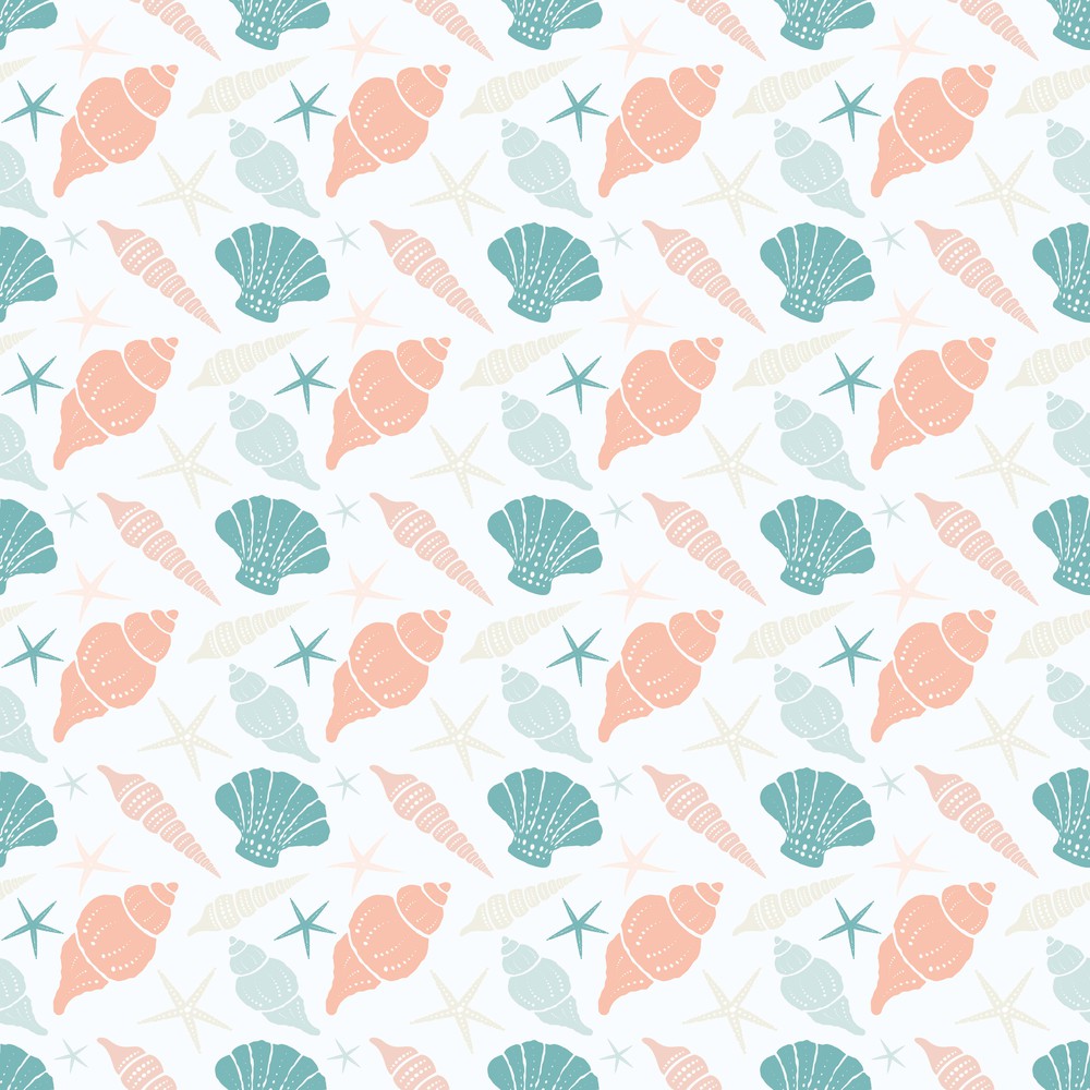 Seamless pattern with seashells and starfish on a light background.