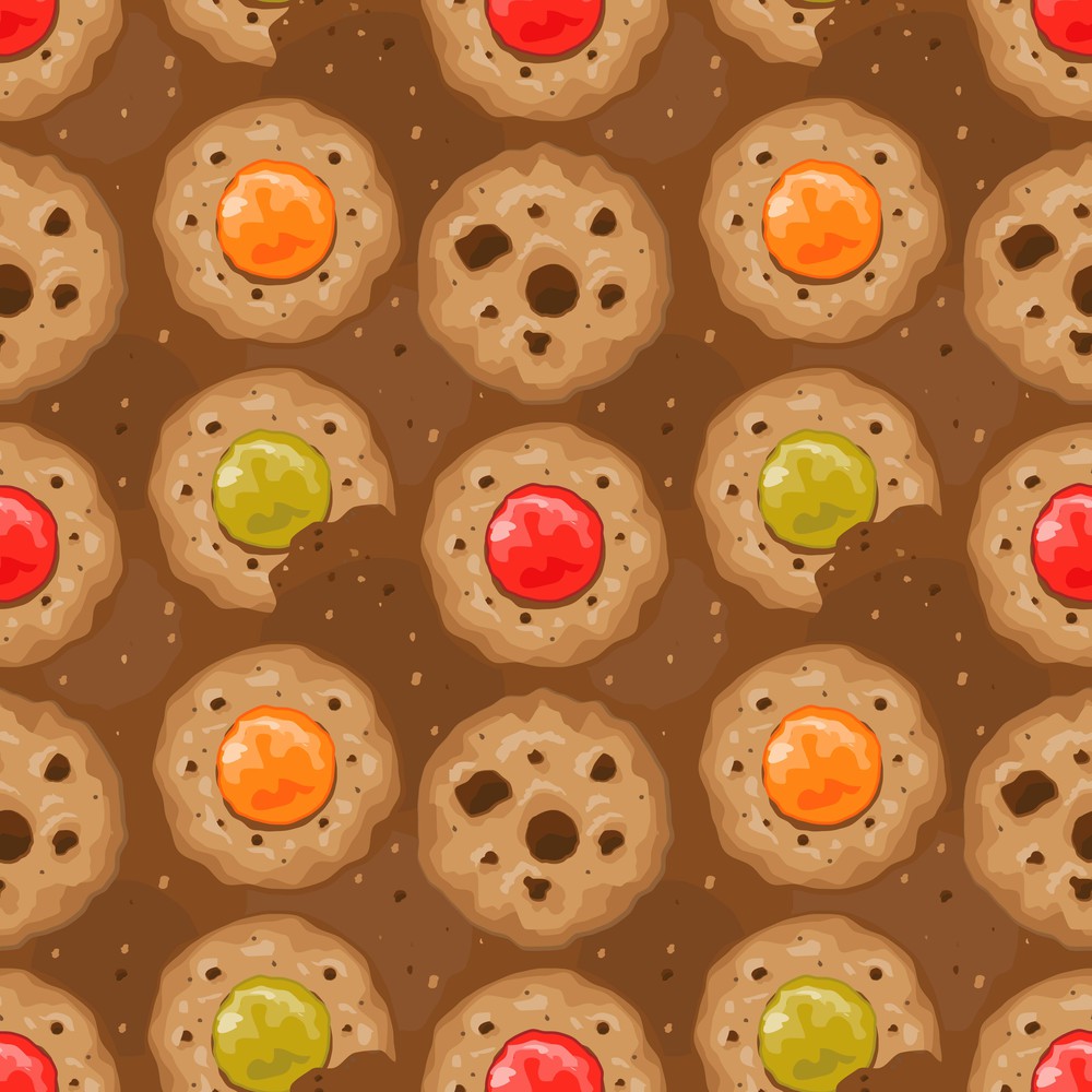 Beige seamless pattern with cookies and hearts.