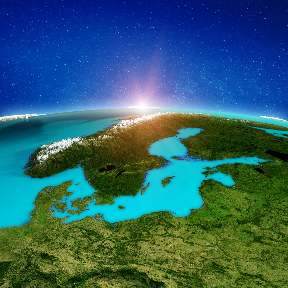 Scandinavia space background. Elements of this image furnished by NASA. 3d rendering. Scandinavia space background