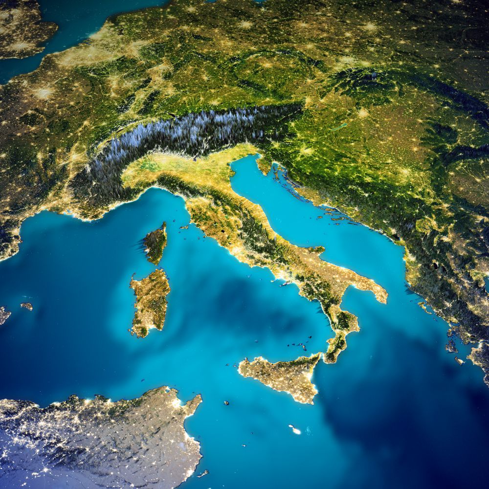 Italy space map. Elements of this image furnished by NASA. 3d rendering. Italy space map