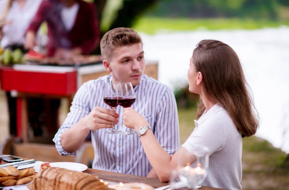 young happy couple toasting red wine glass while having picnic french dinner party outdoor during summer holiday vacation  near the river at beautiful nature