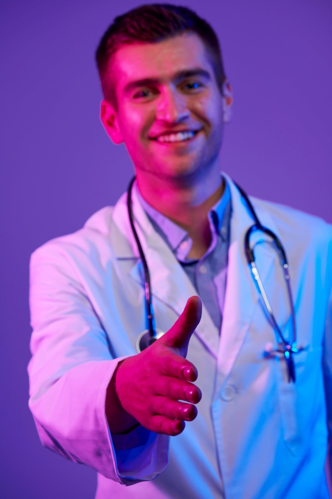 doctor handshake friendly male doctor with open hand ready for hugging