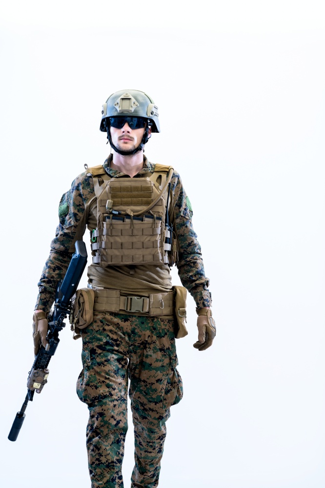 american  marine corps special operations modern warfare soldier with fire arm weapon and protective army tactical gear ready for battle
