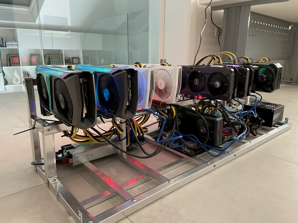 Row of bitcoin miners set up on the wired shelfs. Device for mining crypto currency. Mining cryptocurrency. Bitcoin farm. Machines for mining cryptocurrency, bitcoin. Electronic device at day. . Row of bitcoin miners set up on the wired shelfs. Device for mining crypto currency. Mining cryptocurrency. Bitcoin farm. Machines for mining cryptocurrency bitcoin. Electronic device at day.