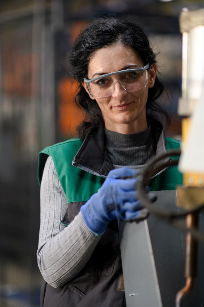 Woman worker wearing safety goggles control lathe machines to drill components. Metal lathe industrial manufacturing factory. High quality photo. Woman worker wearing safety goggles control lathe machine to drill components. Metal lathe industrial manufacturing factory