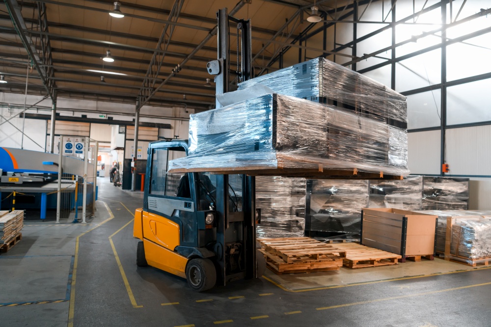 Forklift loader in storage warehouse shipyard. Distribution products. Delivery. Logistics. Transportation. Business background. High quality photo. Forklift loader in storage warehouse ship yard. Distribution products. Delivery. Logistics. Transportation. Business background