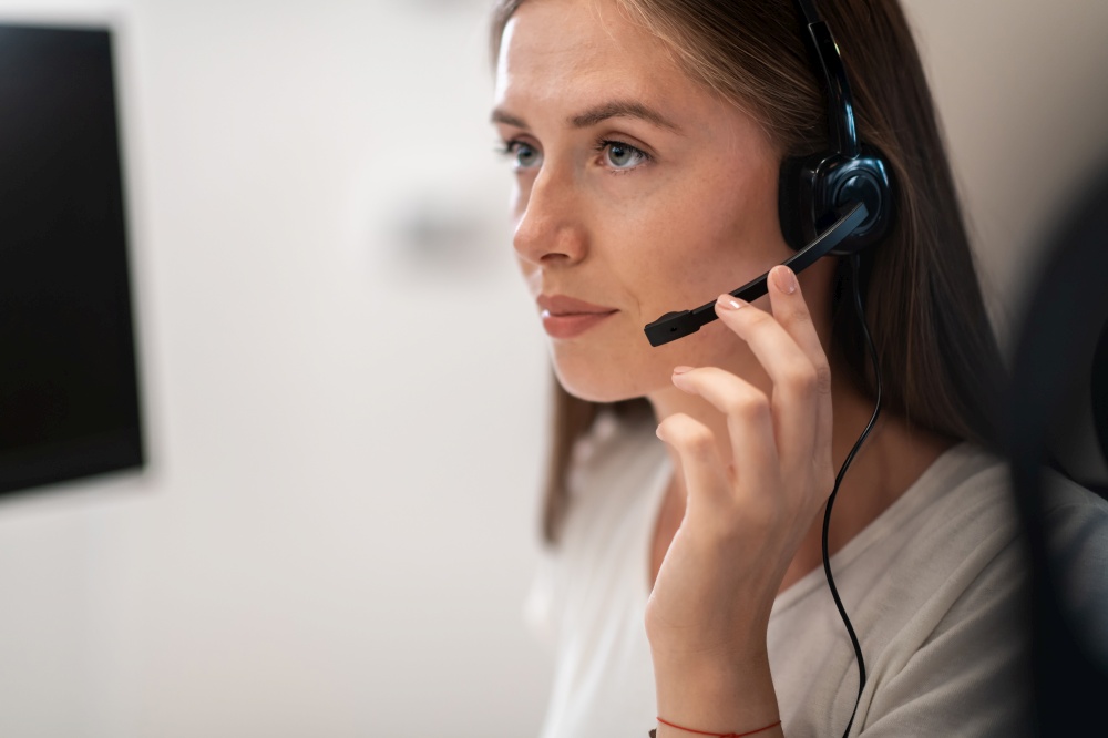 Helpline female operator with headphones in a call center.Business woman with headsets working in a call center. Selective focus. High-quality photo. Helpline female operator with headphones in call centre.Business woman with headsets working in a call center. Selective focus