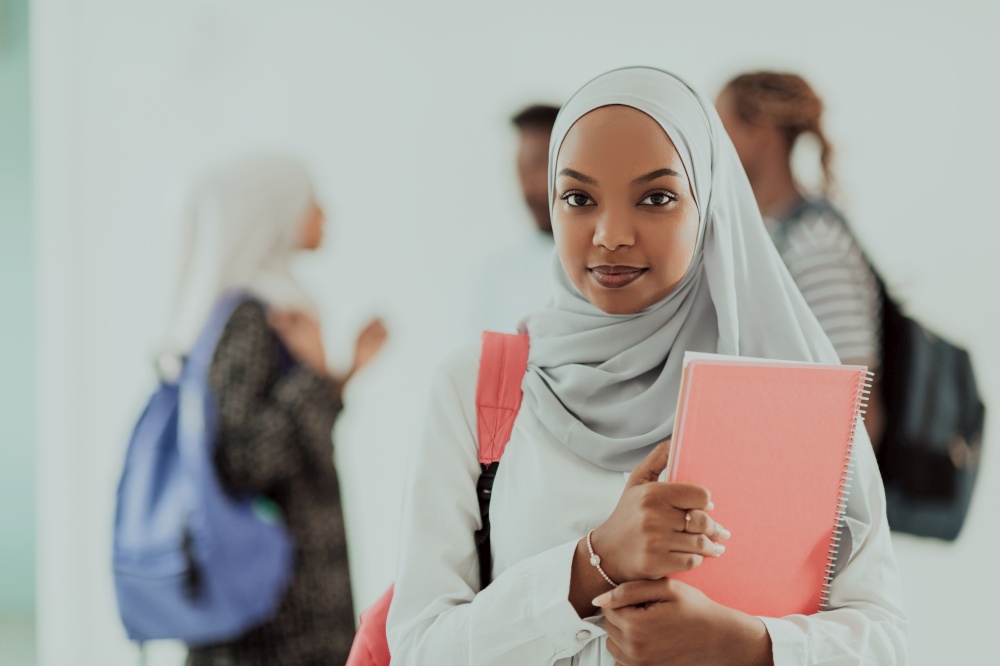 African female student with a group of friends in the background wearing traditional Islamic hijab clothes. Selective focus. High-quality photo. African female student with group of friends in background wearing traditional Islamic hijab clothes. Selectve focus