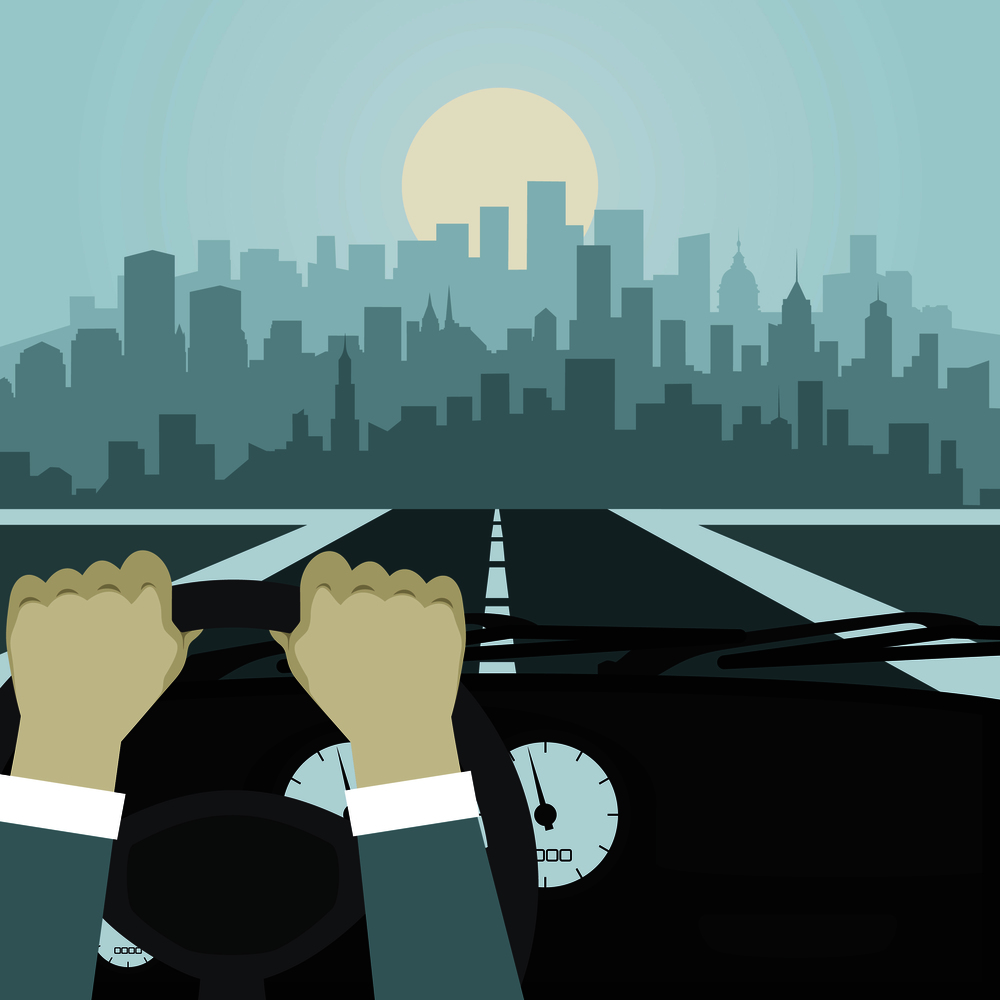 The driver goes to the city. Vector illustration