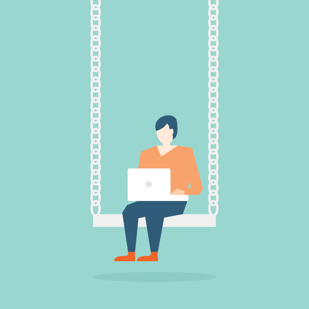 A man with a laptop on a swing. Vector illustration